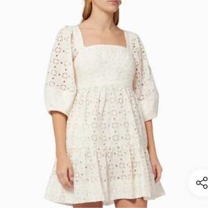 Shona Joy Ivory Eyelet Lace Puff Sleeve‎ Tiered Fryda Square Neck Mini Dress 4